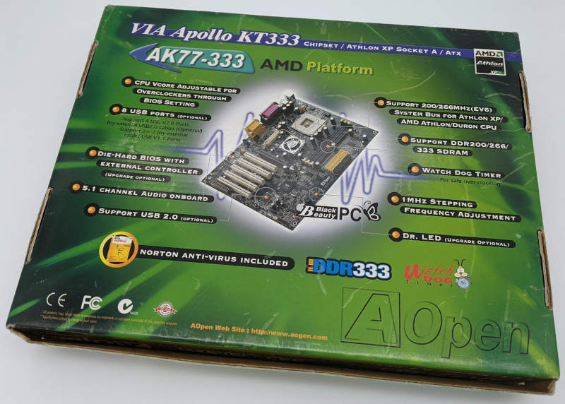 AOpen PC-Mainboard AK77-333 - Sockel A - Via Apollo KT333 - Originalverpackung Rückseite